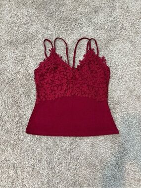 Floral Lace-Overlay Burgundy Camisole with Slim Straps